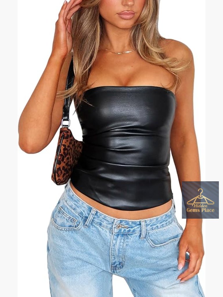 Faux Leather Tube Top Strapless Ruched Bandeau Crop Top Going Out Club Rave
